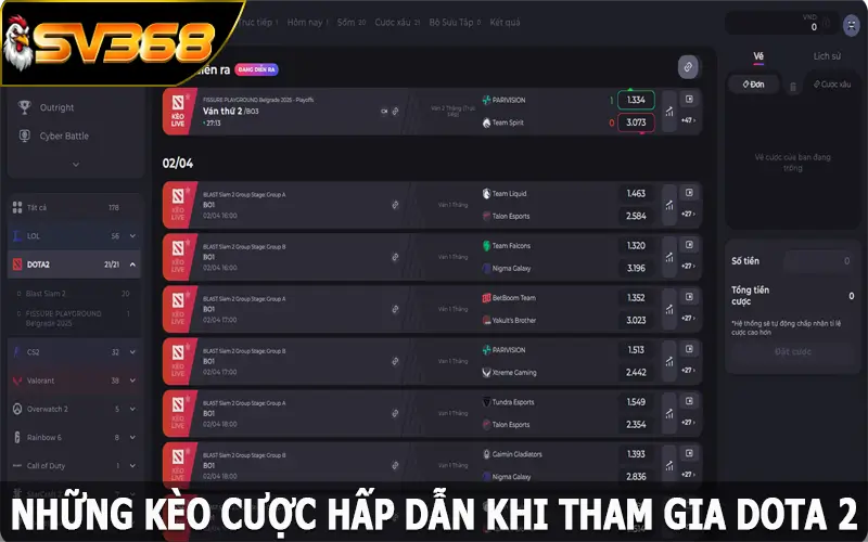 Những kèo cược hấp dẫn khi tham gia Dota 2 tại SV368